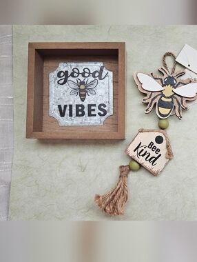 Bee Kind Hanging Wood Wall Decor – Neutral & Yellow Home Accent Bee